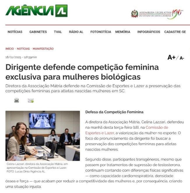 Manchete da Agência ALESC sobre presença de Celina Lazzari, diretora da MATRIA, na Comissão de Esportes e Lazer