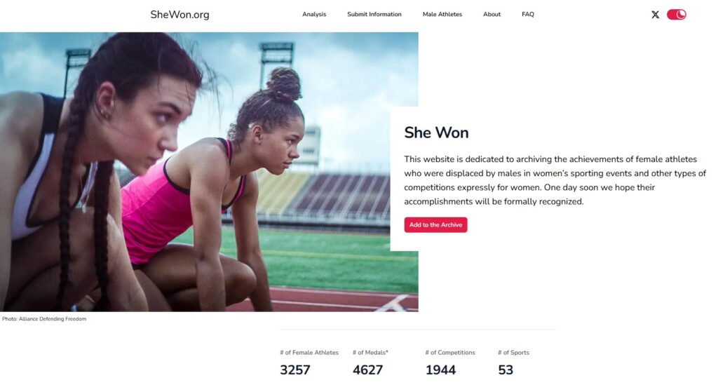 Página inicial do site SheWon.org, plataforma que registra conquistas de atletas mulheres em competições femininas