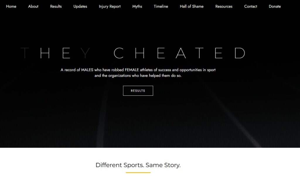Página inicial do site HeCheated.org com listas de resultados de homens em categorias esportivas femininas