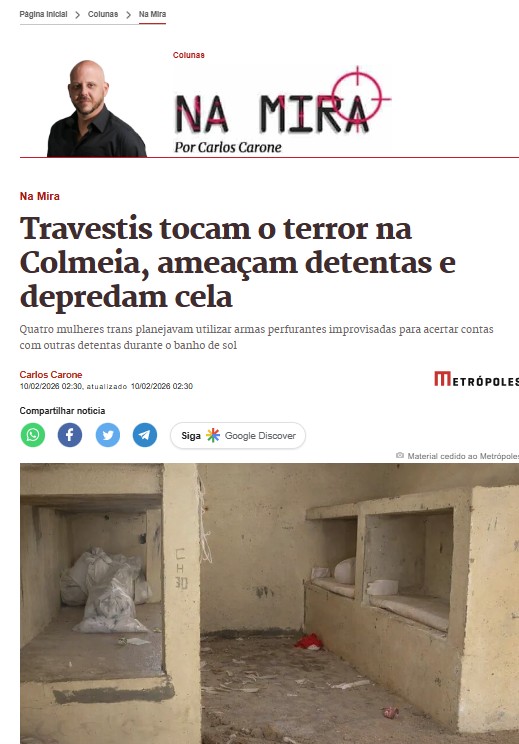 Manchete de Carlos Carone no Metrópoles a respeito de motim de travestis na penitenciária feminina do DF