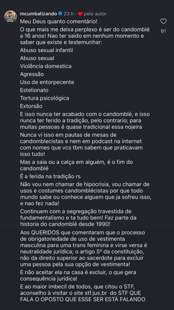 Comentário em rede social comparando fundamentos religiosos baseados no sexo biológico a crimes como abuso sexual infantil