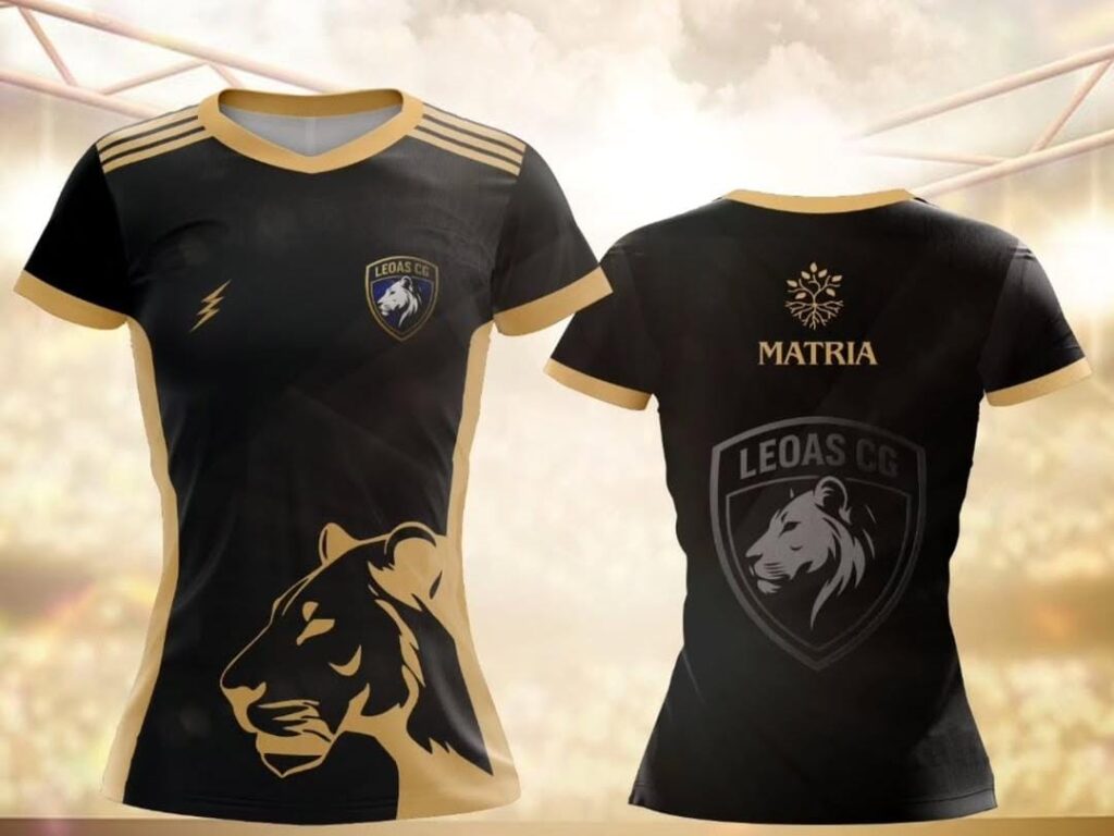 “Uniforme oficial das Leoas MATRIA C.G. exibindo a marca da MATRIA no futebol feminino de Campo Grande (MS)”