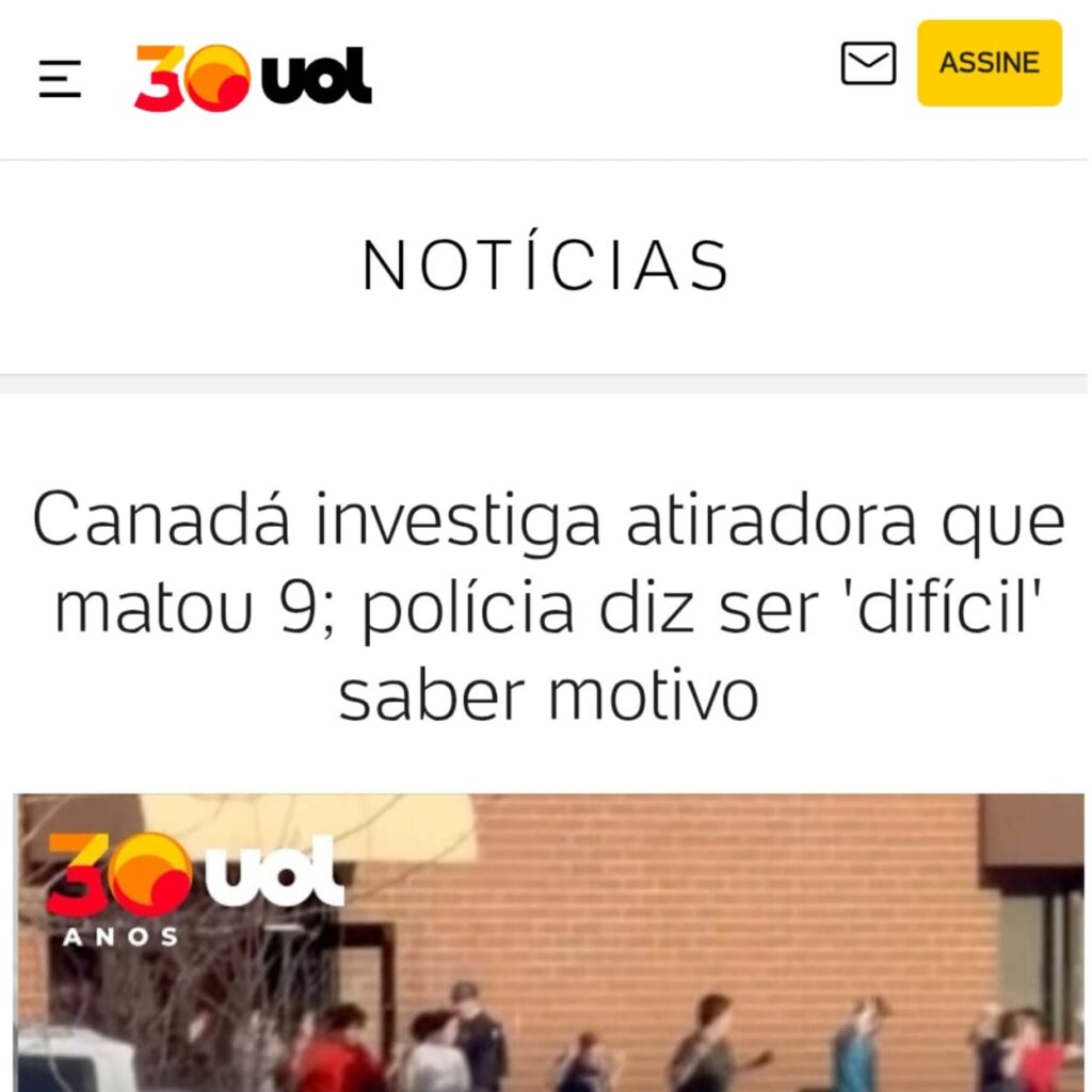 Manchete do UOL sobre ataque a tiros em escola no Canadá com múltiplas vítimas