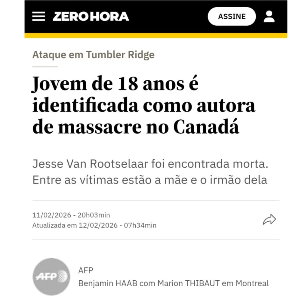 Manchete do jornal Zero Hora sobre massacre em Tumbler Ridge no Canadá