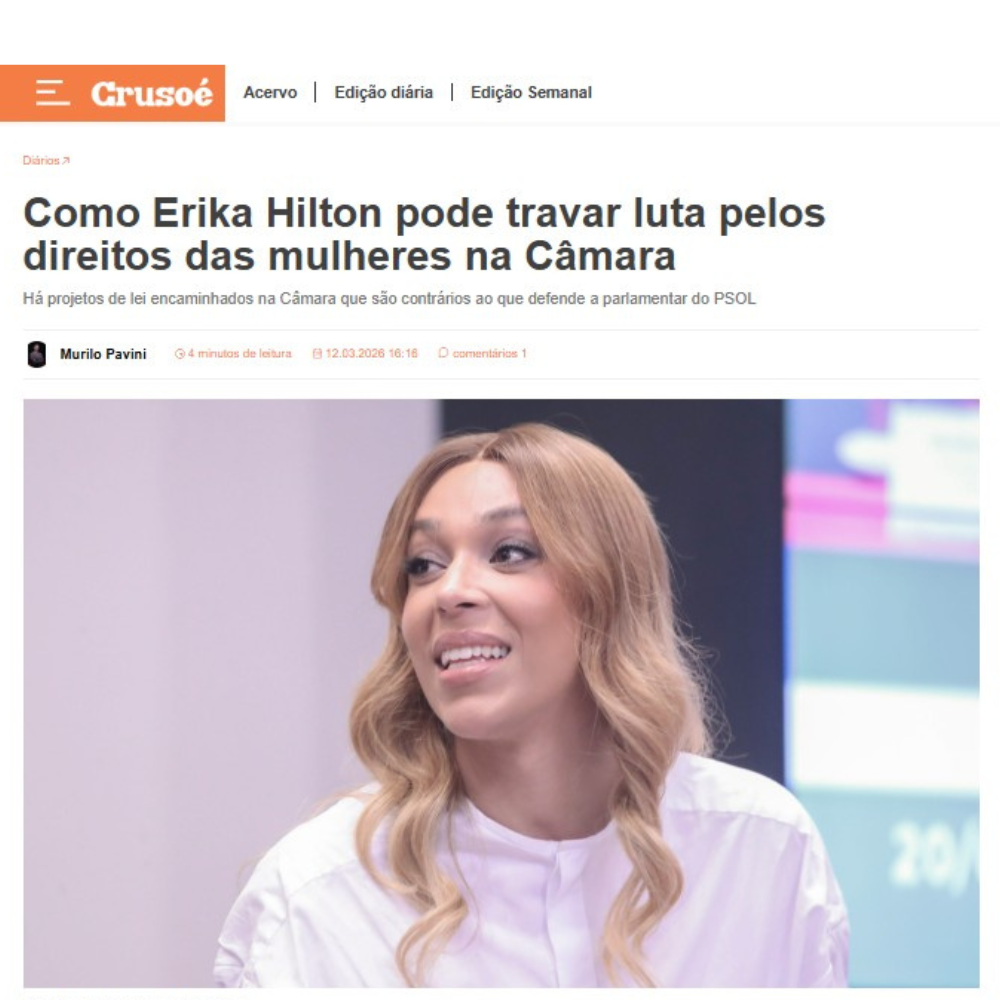 Capa de matéria da revista Crusoé que entrevistou Celina Lazzari, diretora da MATRIA, sobre Erika Hilton
