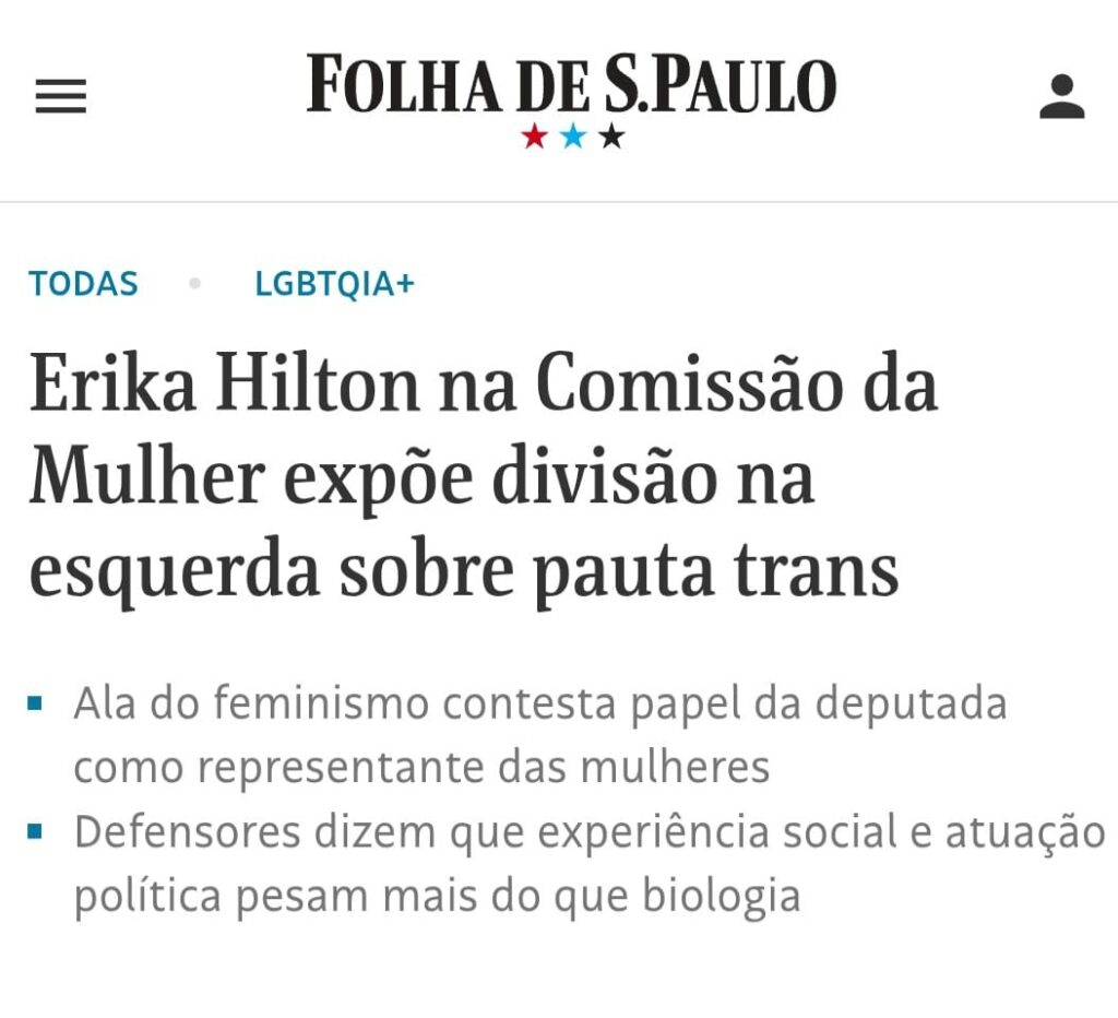 Capa de matéria da Folha de São Paulo que entrevista Clarice Saadi, diretora da MATRIA, e respeito da divisão que Erika Hilton e a pauta trans representam na esquerda