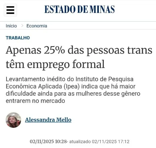 Manchete do Estado de Minas sobre estudo do ipea a respeito de empregabilidade trans
