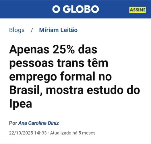 Manchete do Globo sobre estudo do ipea a respeito de empregabilidade trans