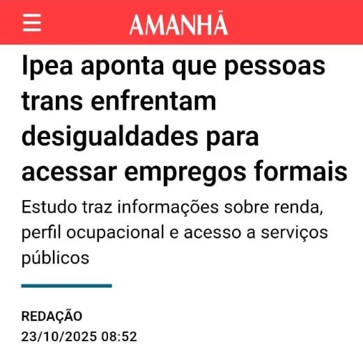 Manchete do Grupo Amanhã sobre estudo do ipea a respeito de empregabilidade trans