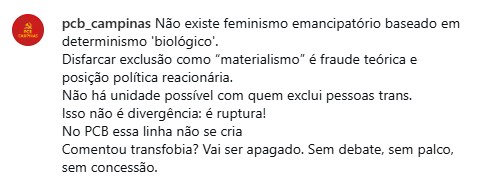 Legenda do post do PCB Campinas sobre feminismo radical interdita o debate