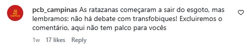 Comentário do PCB Campinas ofendendo mulheres que discordam e as chamando de ratazanas