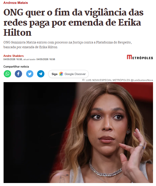 Coluna do Metrópoles noticia ação da MATRIA contra plataforma do respeito
