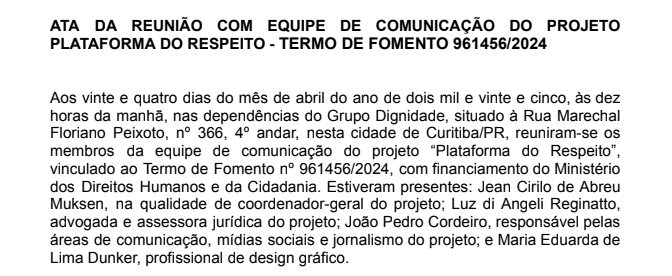 Ata de reunIão da Plataforma do respeito mencionando MATRIA