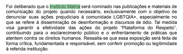 Ata de reunIão da Plataforma do respeito mencionando MATRIA