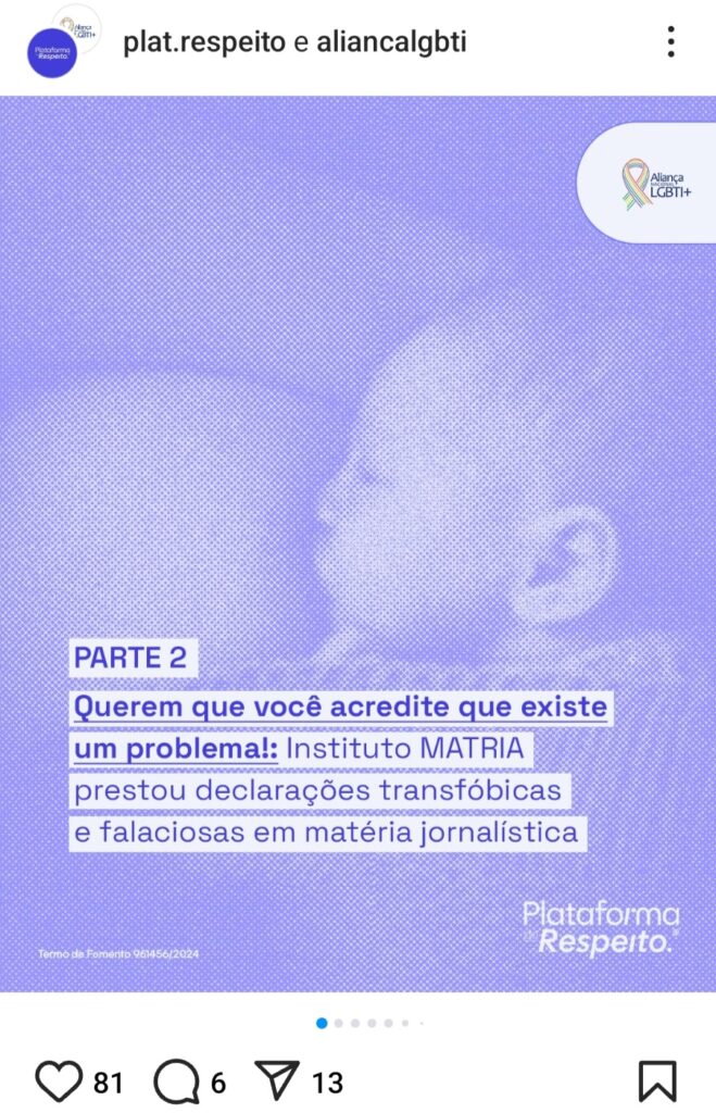 Postagem Plataforma do Respeito sobre MATRIA - parte 2