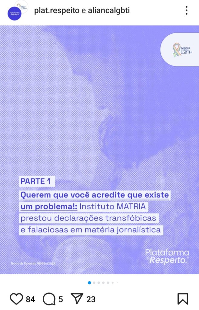 Postagem Plataforma do Respeito sobre MATRIA - parte 1