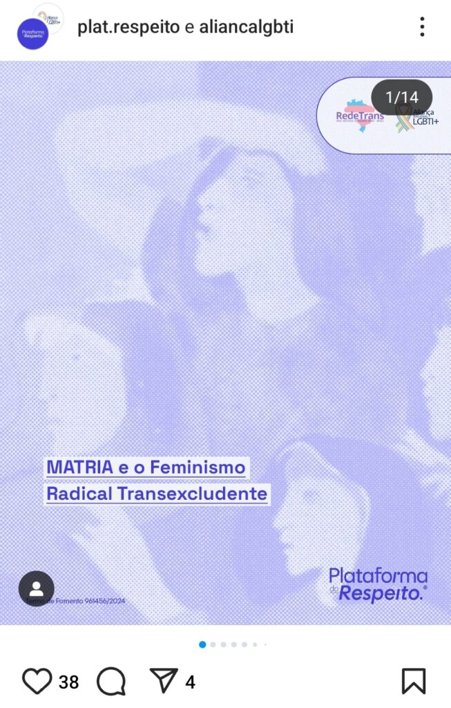 Postagem Plataforma do respeito sobre MATRIA ser transexcludente