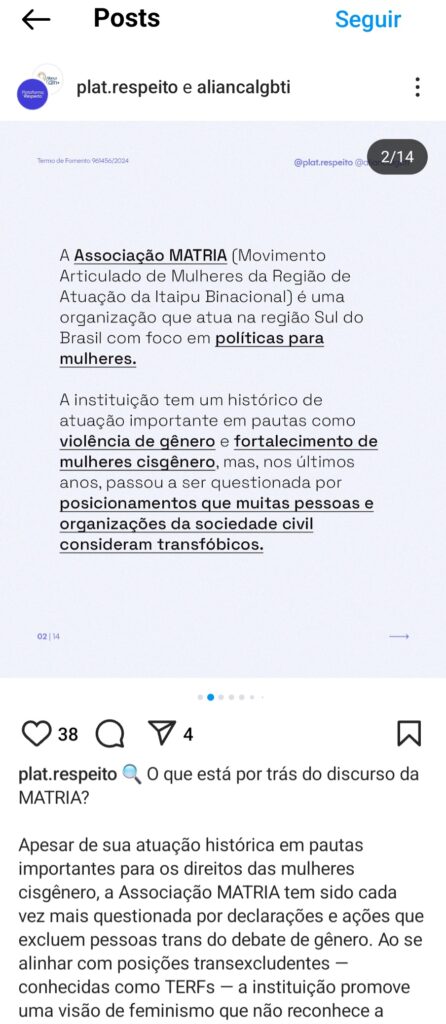 Postagem difamatória da Plataforma do Respeito sobre a MATRIA