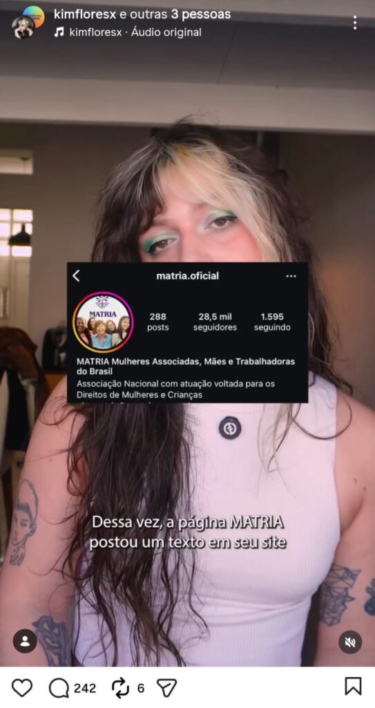 Postagem Plataforma do Respeito e Kim Flores sobre MATRIA