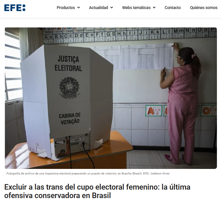 Manchete do jornal público espanhol EFE sobre a ADPF da MATRIA sobre trans em cotas eleitorais femininas