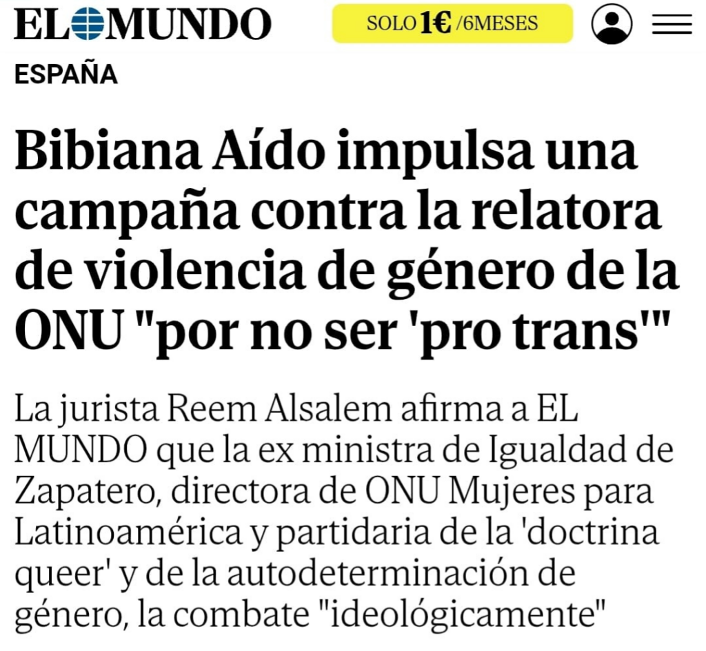 Manchete jornal espanhol El Mundo sobre perseguição da ONU Mulheres a Reem Alsalem